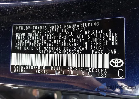 2021 Toyota Corolla Le из США, поврежденный, VIN 5YFEPMAE6MP256397